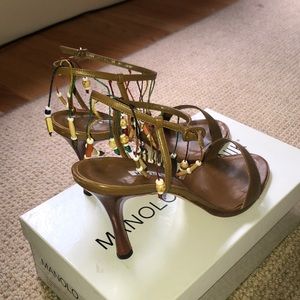 Manolo Blahnik beaded ankle strap heels